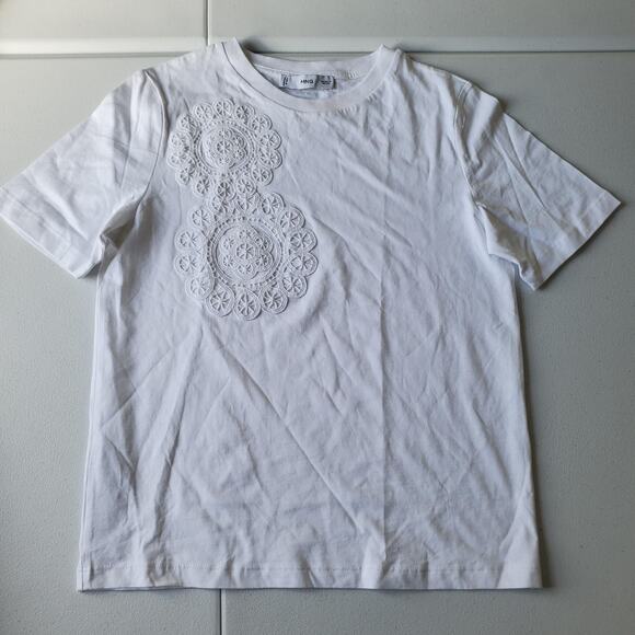 Mango Tops - MNG Shirt Womens XS White Embroidered Lace Applique Short Sleeve Cotton Top